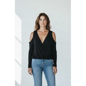 First Love Black Cold Shoulder Wrap Top Women’s L Made in USA Soft Modal Chic